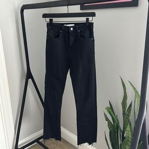 Zara Black Denim Jean Cropped Straight Leg Distressed Hem Size 2